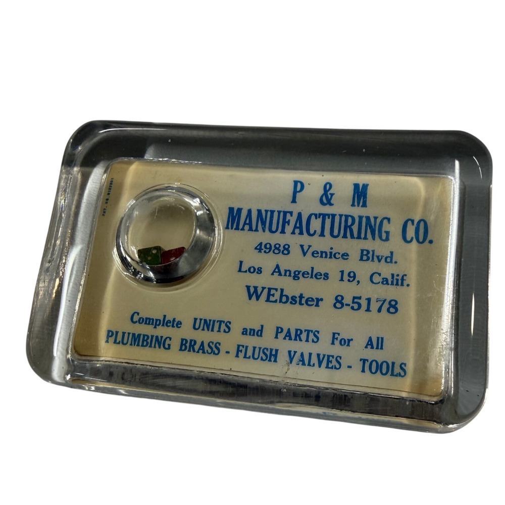 Vintage P & M Manufacturing Co Los Angeles Lucite Paperweight Dice Game Ad